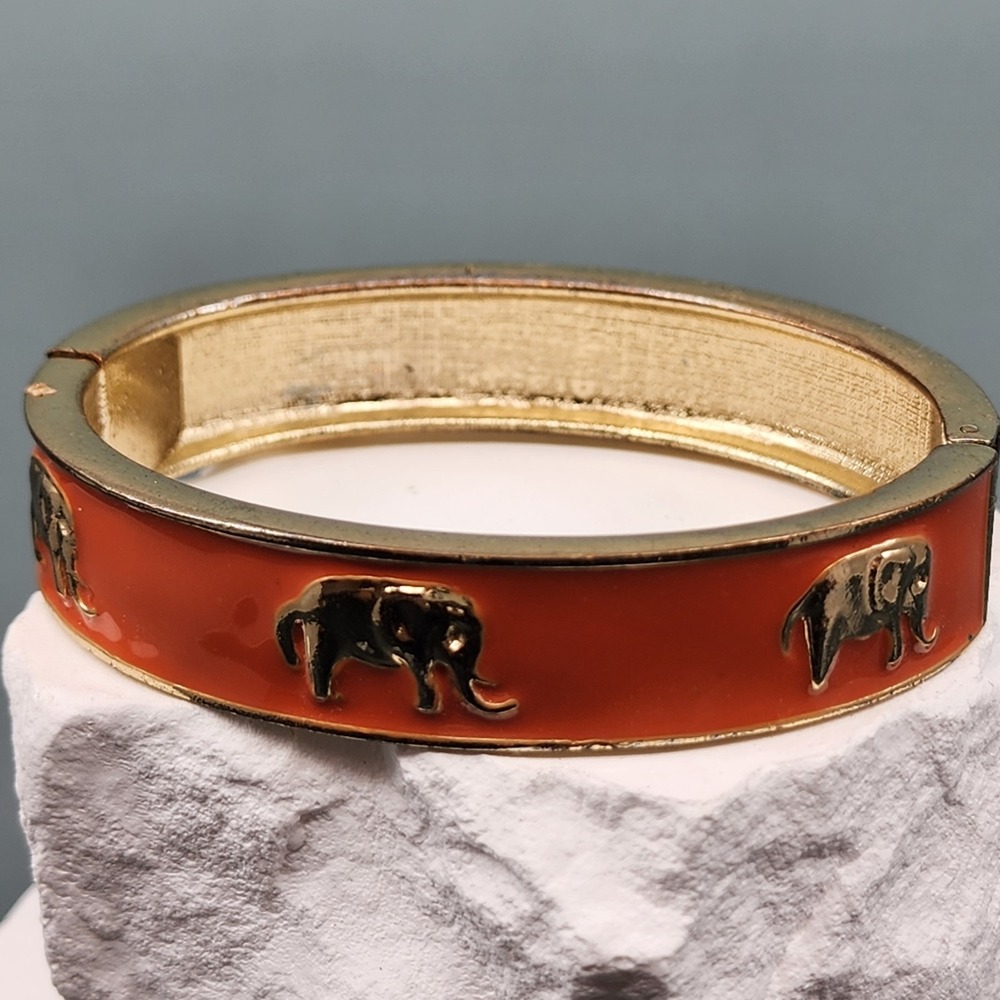 Fornash Gold Tone Orange Enamel Elephant Wide Hinged Bangle Bracelet Whimsical